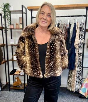 Bambi Fawn Print Faux Fur Jacket