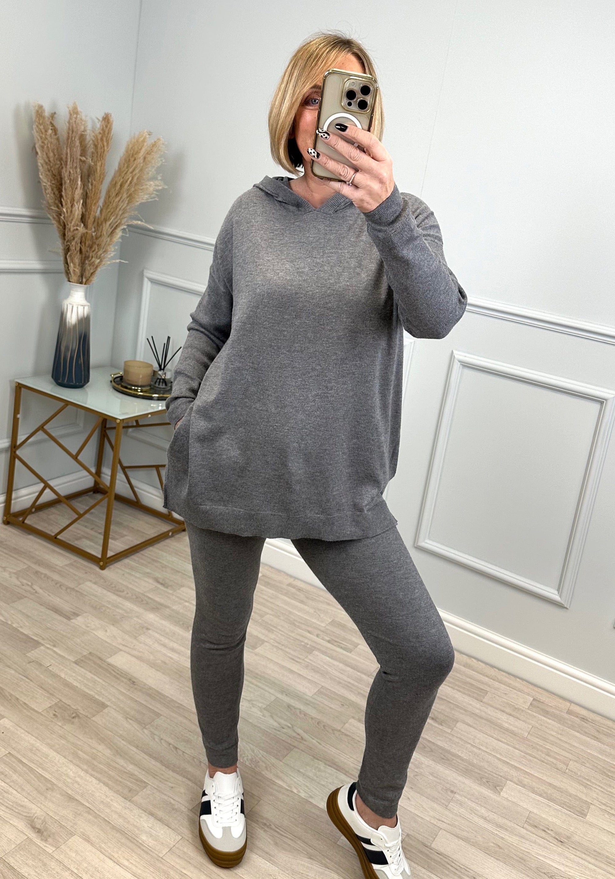 Isabelle Hooded Knitted  Lounge Wear Set Grey