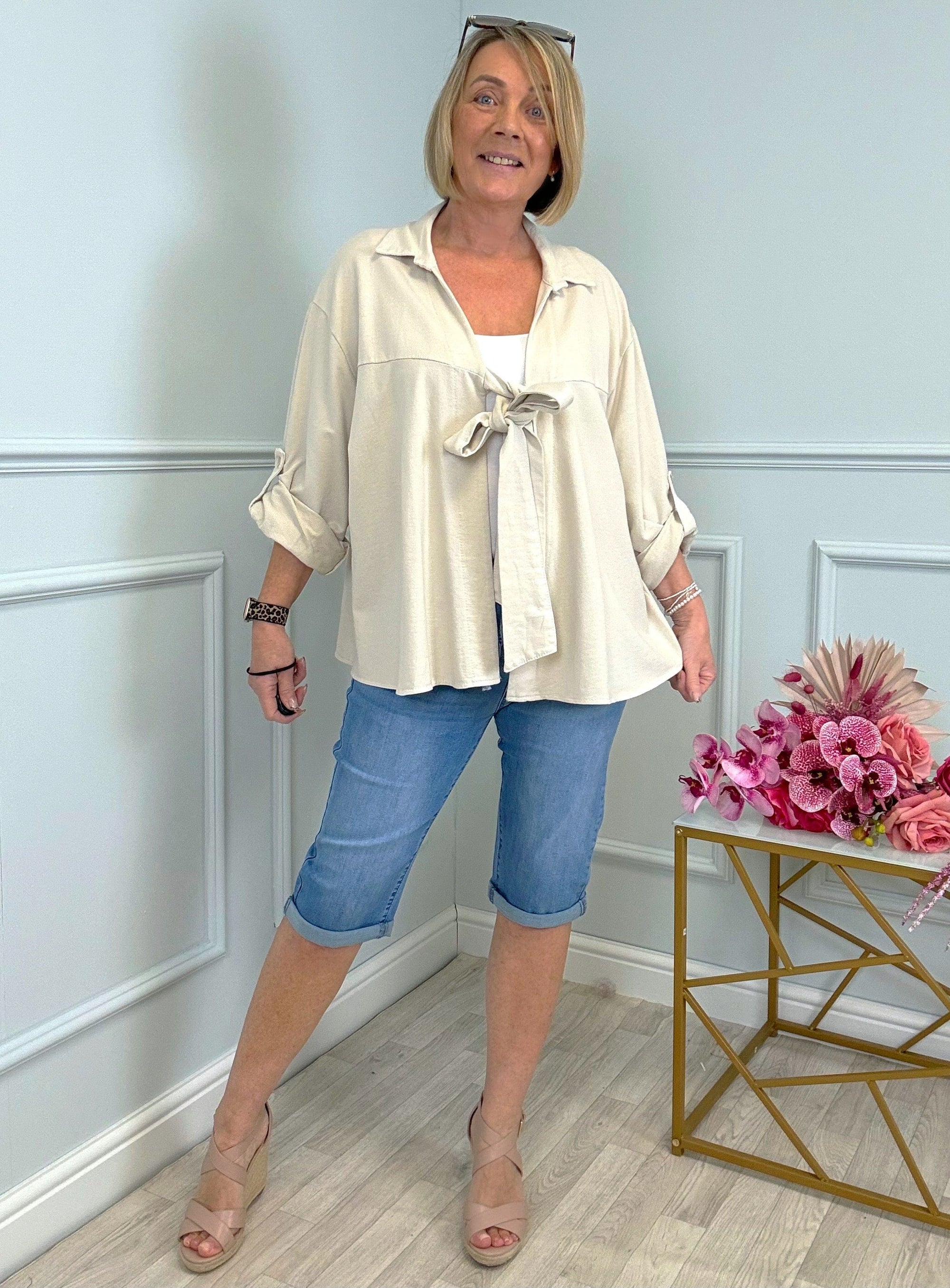 Eliza Tie-Front Lightweight Jacket with Roll-Up Sleeves 10-20 Sand - Susie's Boutique