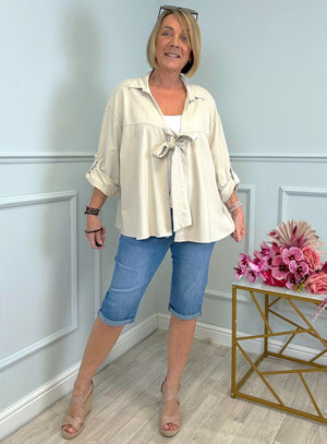 Eliza Tie-Front Lightweight Jacket with Roll-Up Sleeves 10-20 Sand - Susie's Boutique