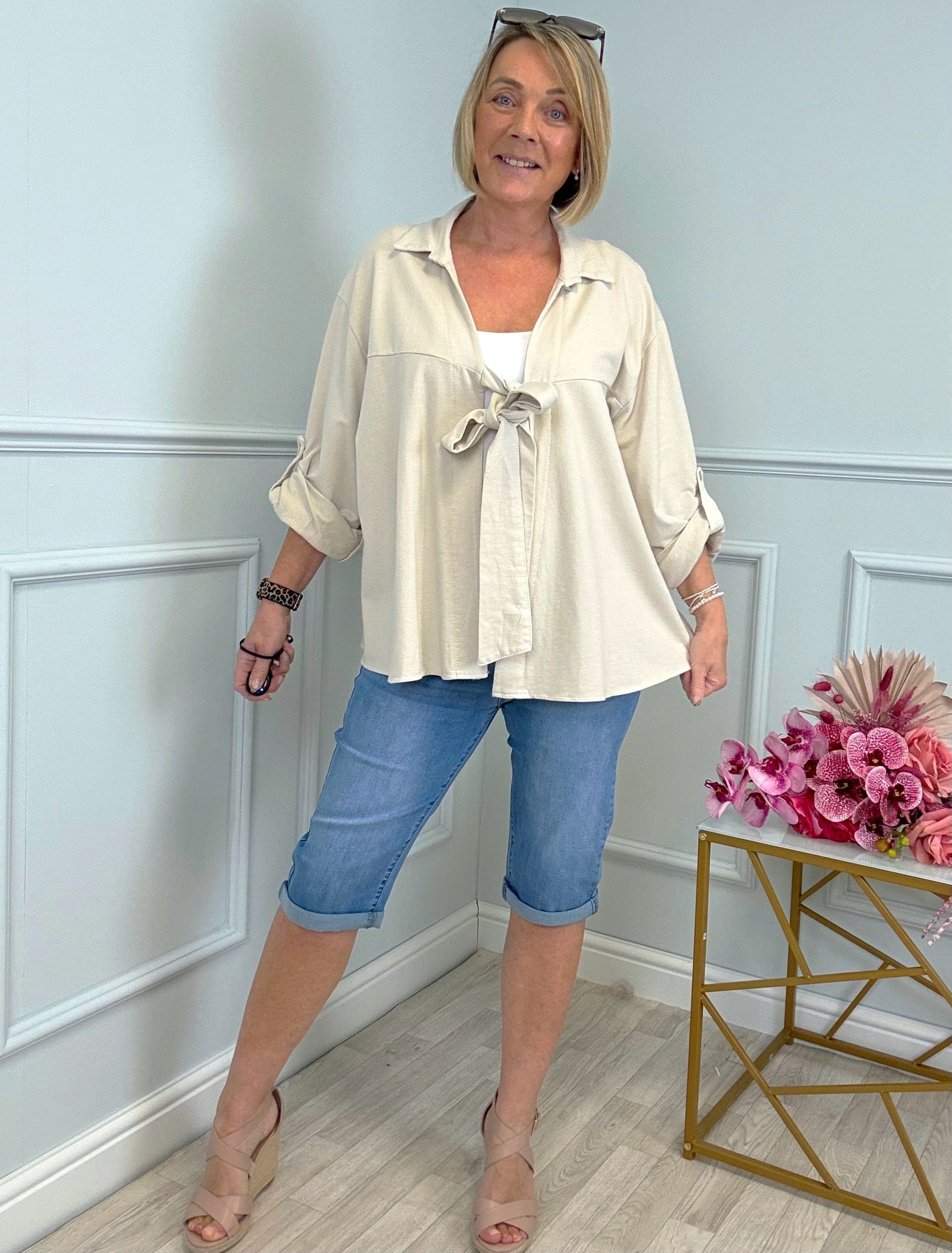 Eliza Tie-Front Lightweight Jacket with Roll-Up Sleeves 10-20 Sand - Susie's Boutique