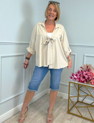 Eliza Tie-Front Lightweight Jacket with Roll-Up Sleeves 10-20 Sand - Susie's Boutique