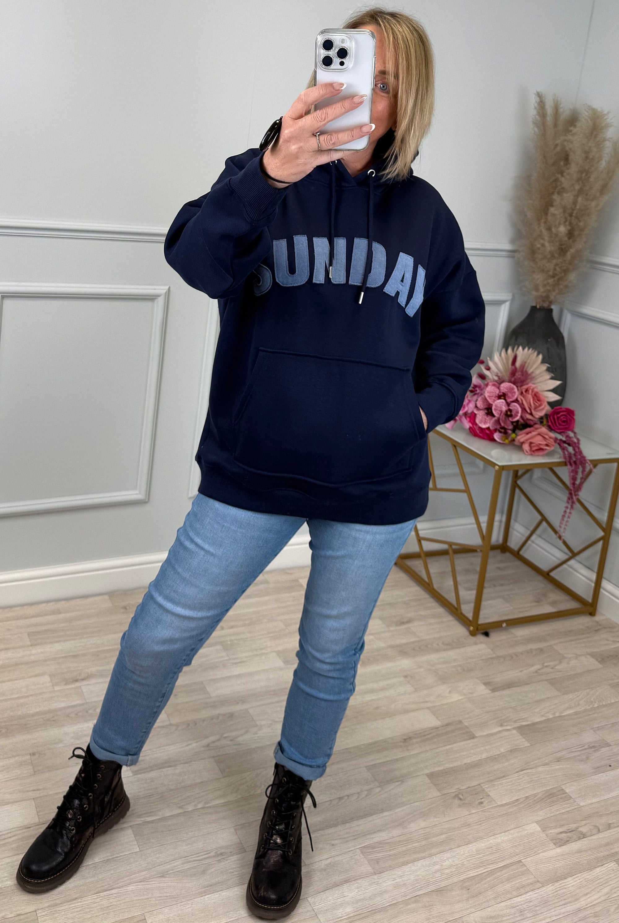 'Sunday' Denim Applique Hoodie Navy 8-22