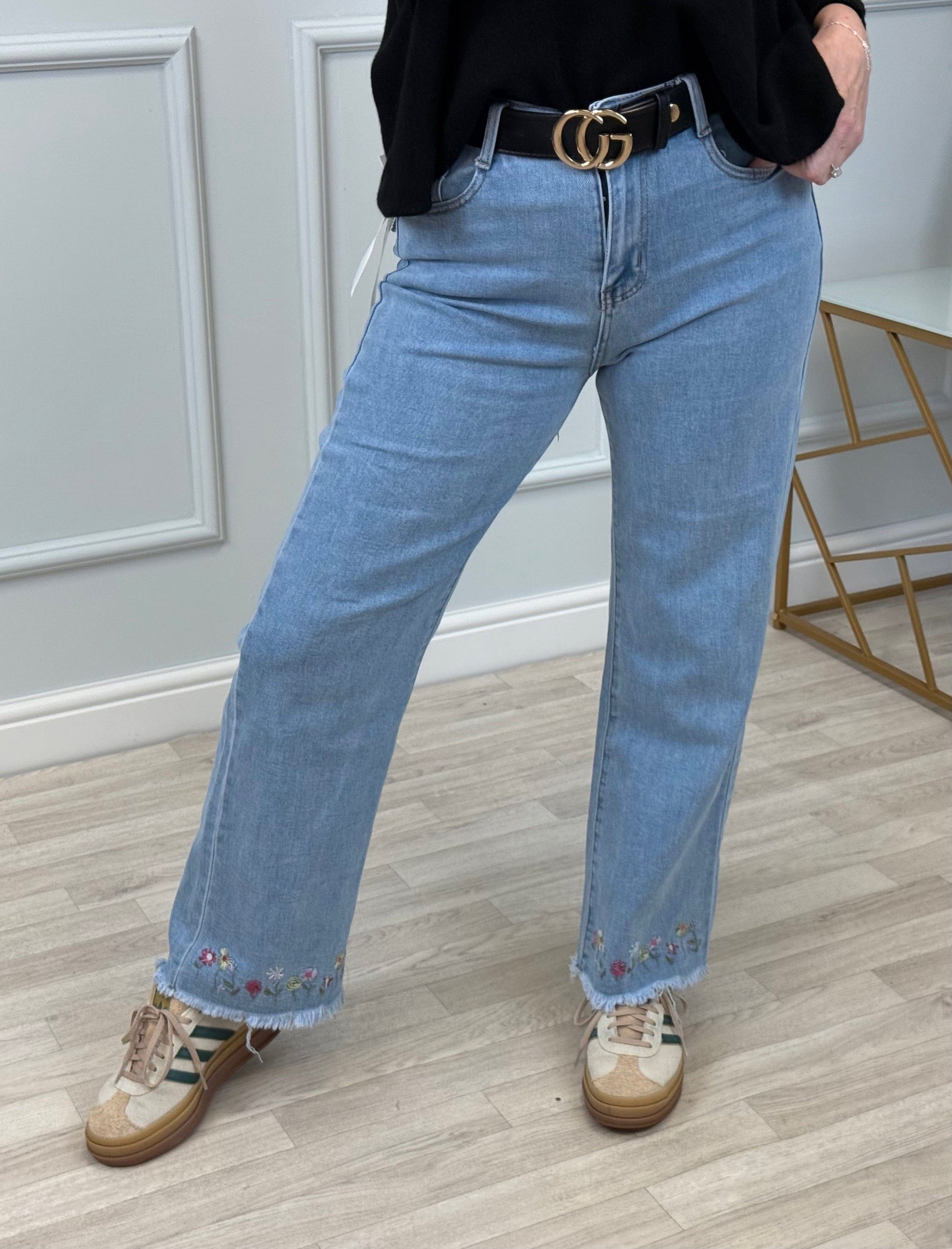 G-Smack Amelia Flower Hem Embroidered High Waist Straight Leg Jeans 10-20 - Susie's Boutique