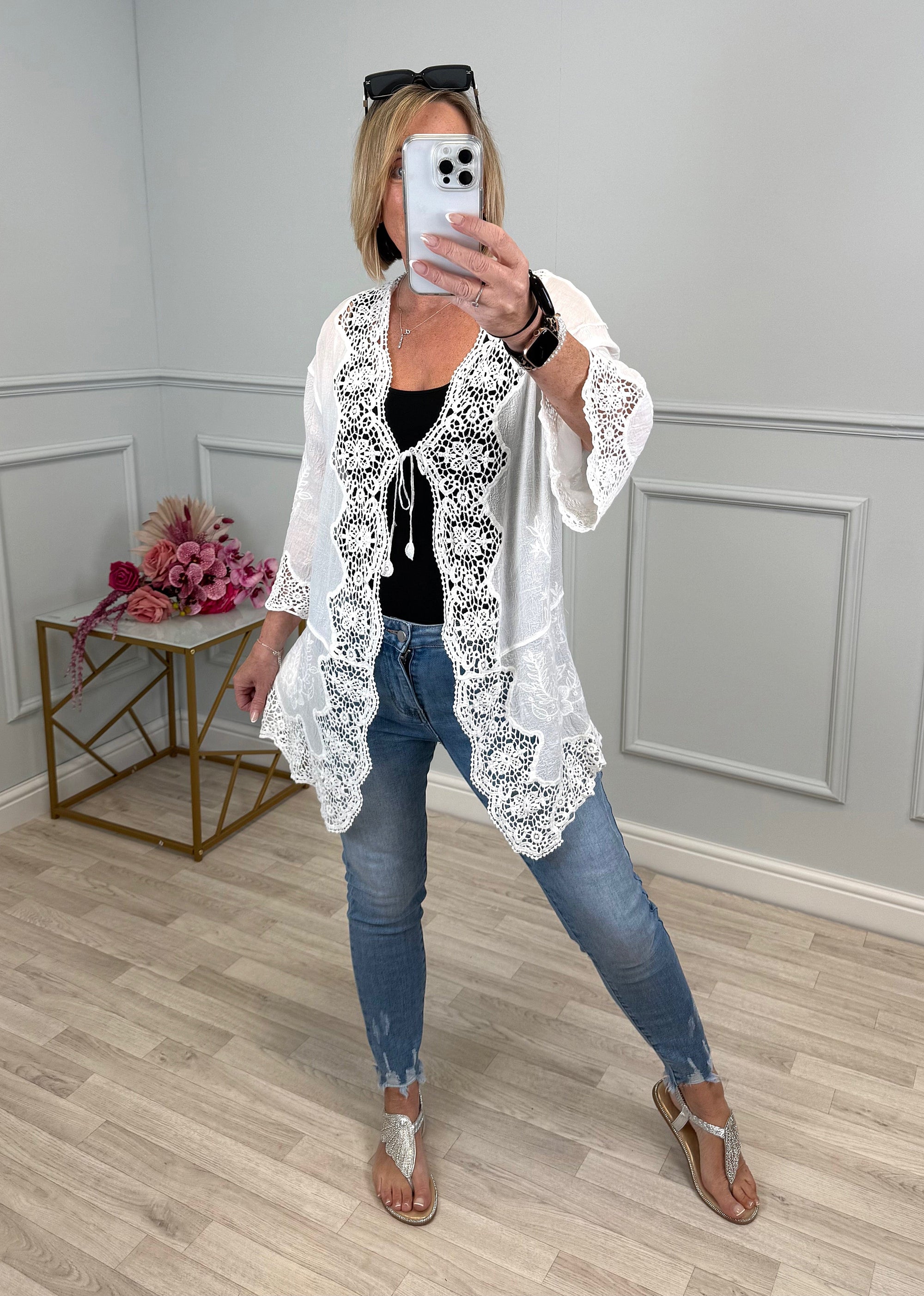 Karli Tie Front Crochet Kimono Jacket - Susie's Boutique