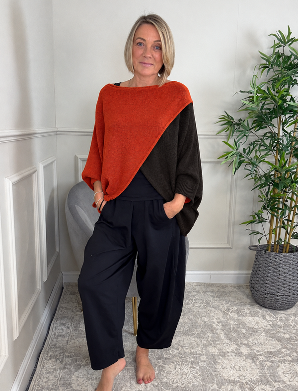 Orla Two Tone Crossover Knitted Jumper – Autumn Spice & Chocolate
