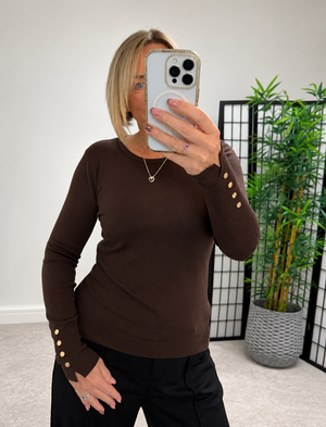Nellie Gold Button Cuff Jumper – Chocolate