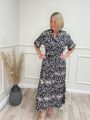 Serena Zebra Print Button-Through Maxi Dress 10-18 Black