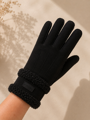 Faux Suede Borg Trim Gloves – Black
