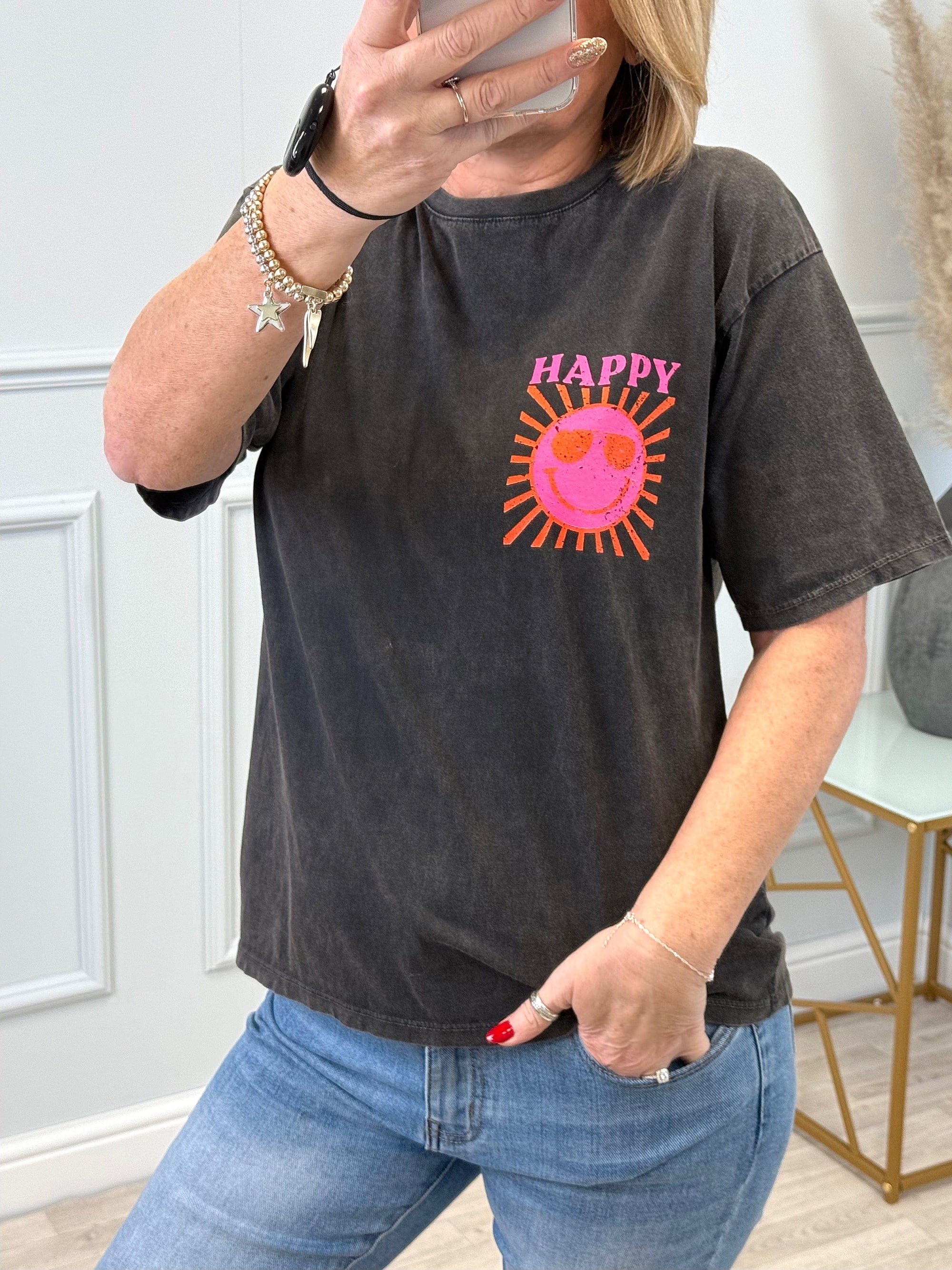 The Maya Retro Boyfriend Fit 'Happy' Graphic T-Shirt - One Size (Fits 8-14) Black - Susie's Boutique
