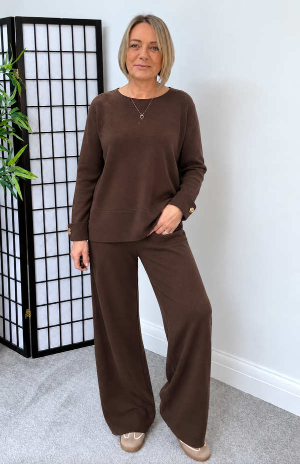 Florence Knitted Wide Leg Co-Ord Set – Chocolate Cashmere