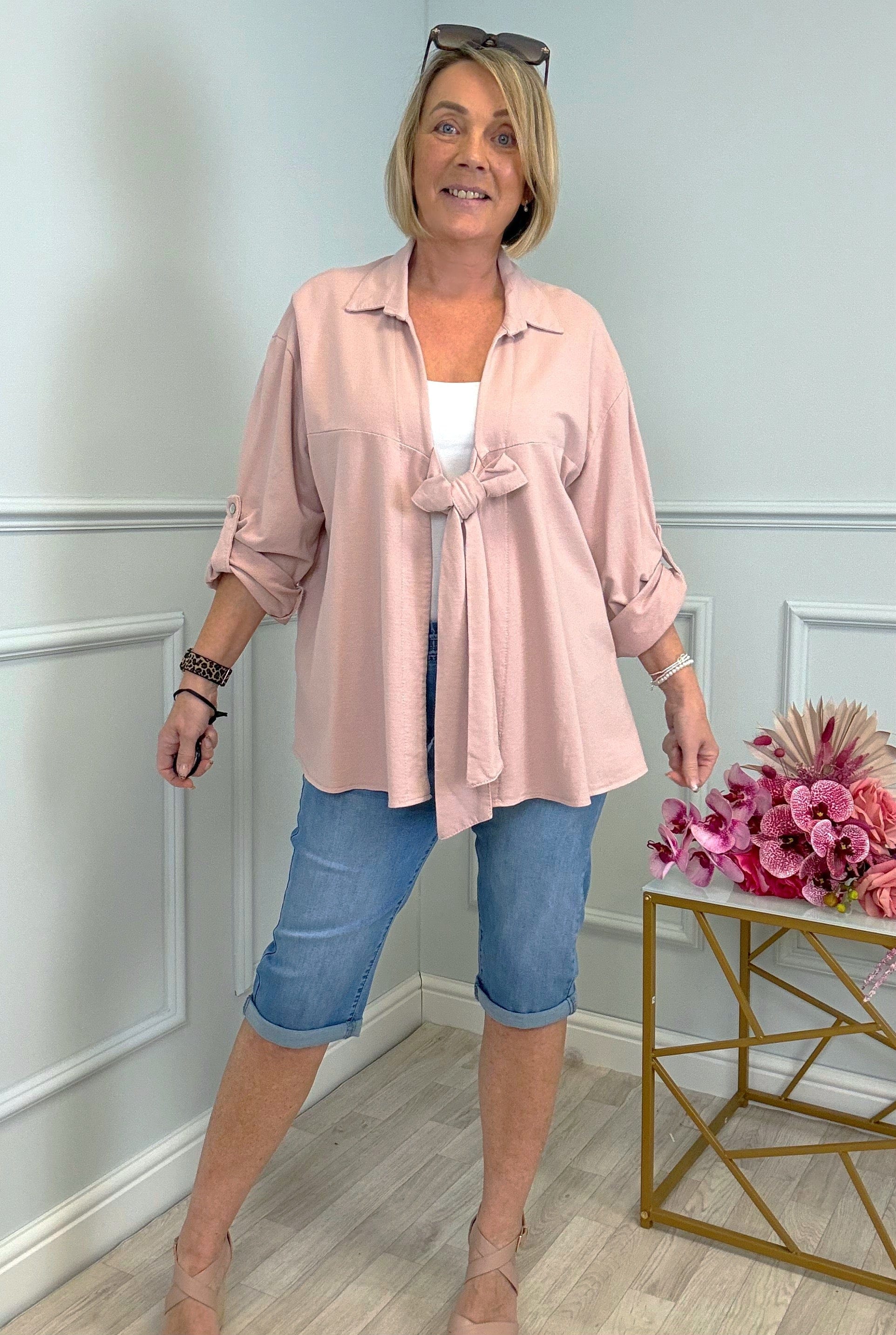 Eliza Tie-Front Lightweight Jacket with Roll-Up Sleeves 10-20 Pink