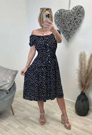 Lisa Polka Dot Magic Midi Dress 8-22 with pockets Black