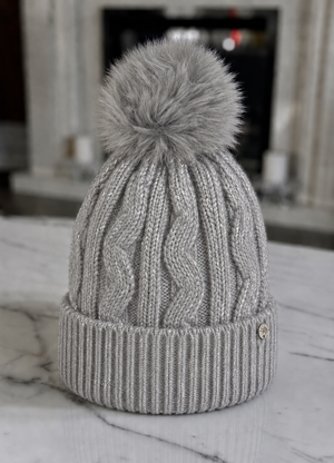 Metallic Fleck Cable Knit Pom Pom Hat – Fleece Lined