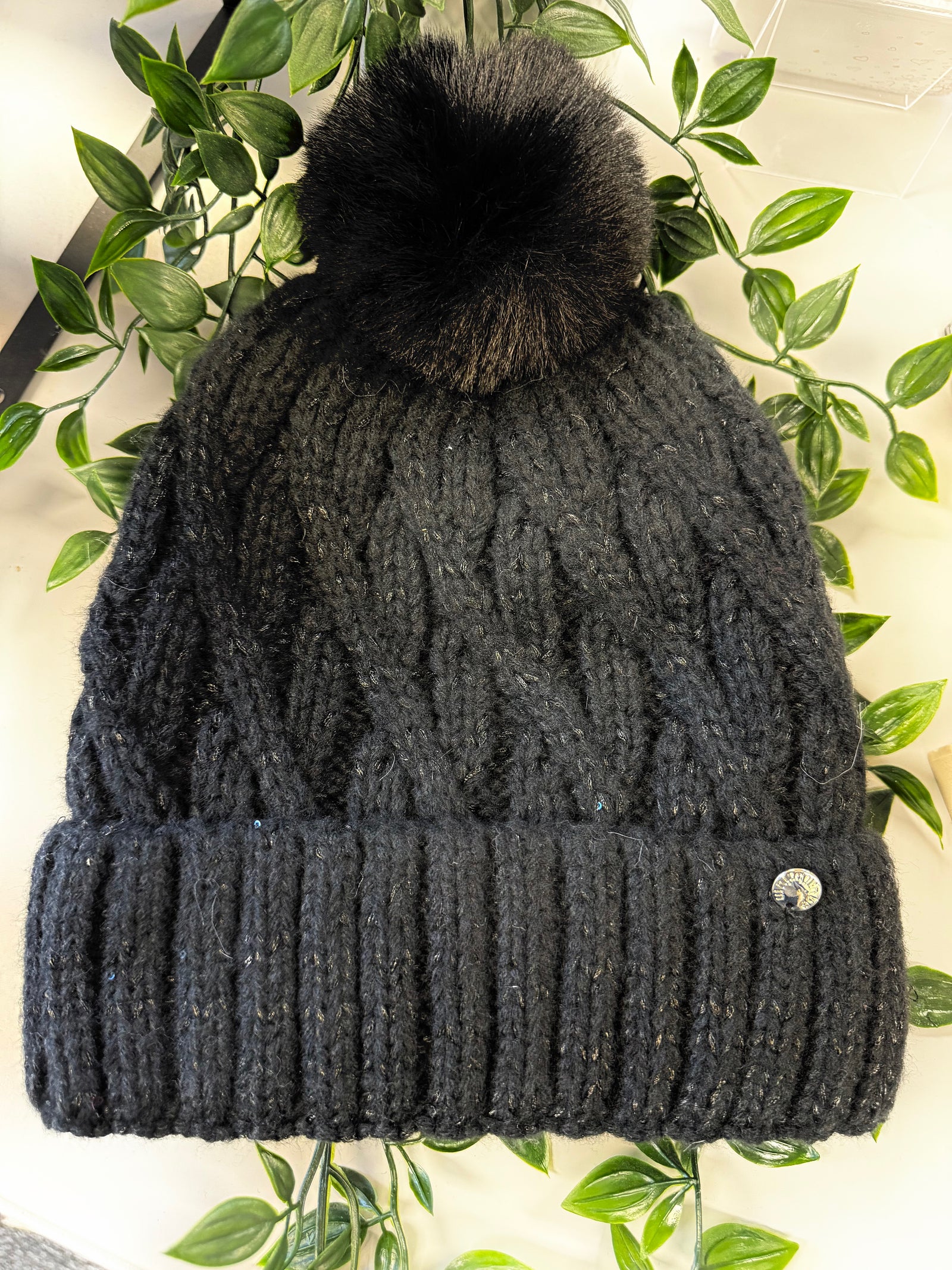 Metallic Fleck Cable Knit Pom Pom Hat – Fleece Lined