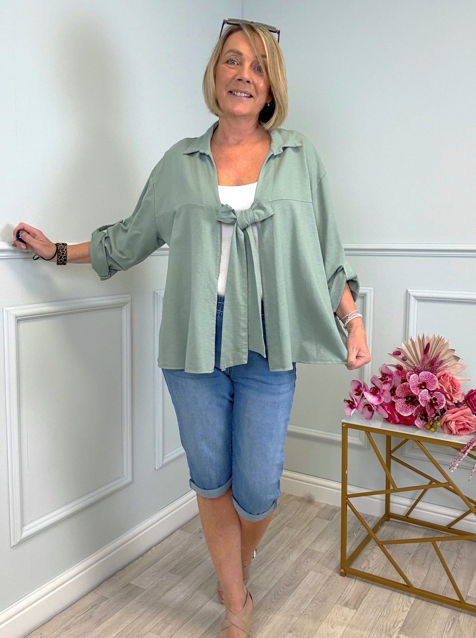 Eliza Tie-Front Lightweight Jacket with Roll-Up Sleeves 10-20 Sage - Susie's Boutique