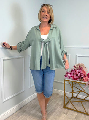 Eliza Tie-Front Lightweight Jacket with Roll-Up Sleeves 10-20 Sage - Susie's Boutique