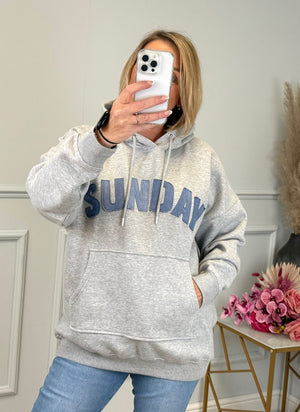 'Sunday' Denim Applique Hoodie Grey 8-22