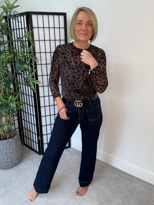 Carissa Flocked Leopard Print Mesh Top 8-18 Chocolate Leopard