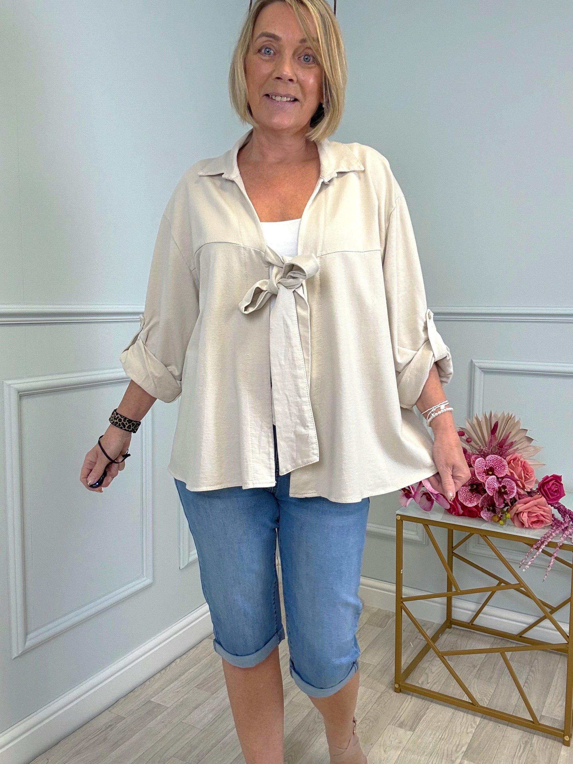 Eliza Tie-Front Lightweight Jacket with Roll-Up Sleeves 10-20 Sand - Susie's Boutique
