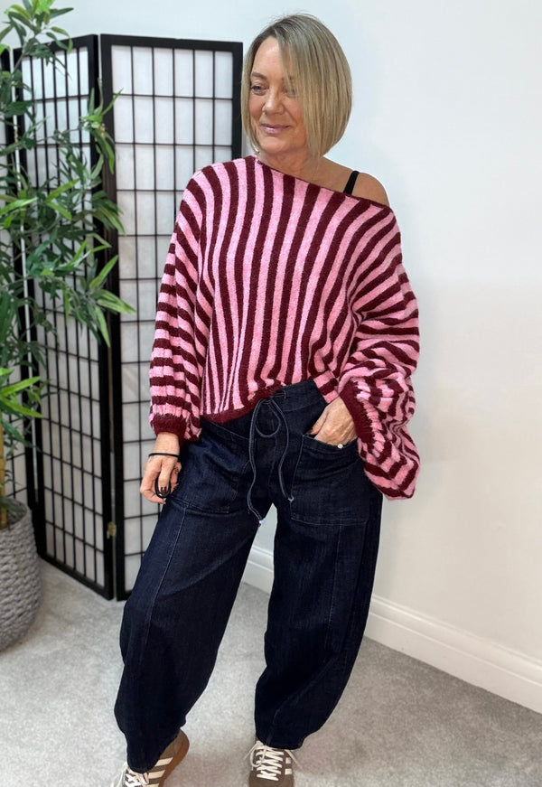 Heidi Oversized Balloon Sleeve Knitted Jumper – Burgundy & Pink