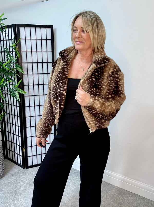 Bambi Fawn Print Faux Fur Jacket