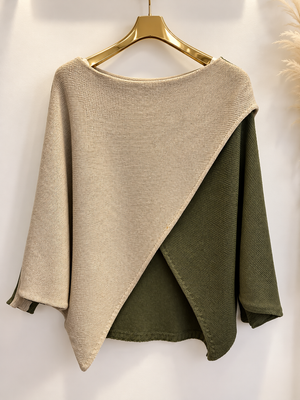 Orla Two Tone Crossover Knitted Jumper – Oatmeal & Olive