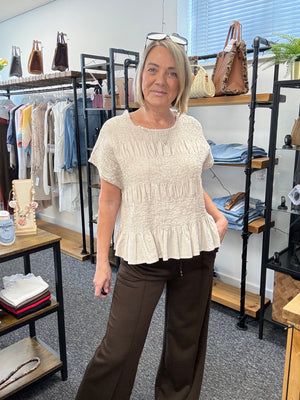 Freya Crinkle Frill Hem Linen Top – Sand 12-20