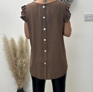 Grace Frill Sleeve Button Back Top 8-16 Chocolate - Susie's Boutique