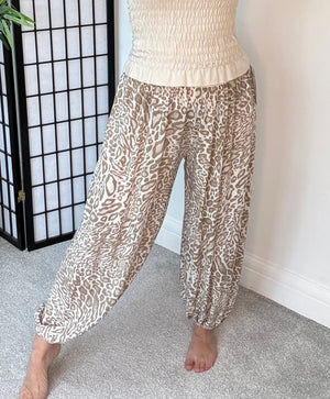 Leopard Print Harem Barrel Trousers 8-16 Sand