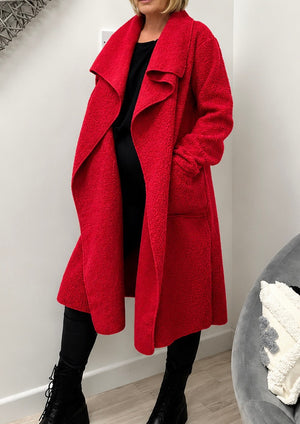 Hattie Bouclé Waterfall Coat – Red