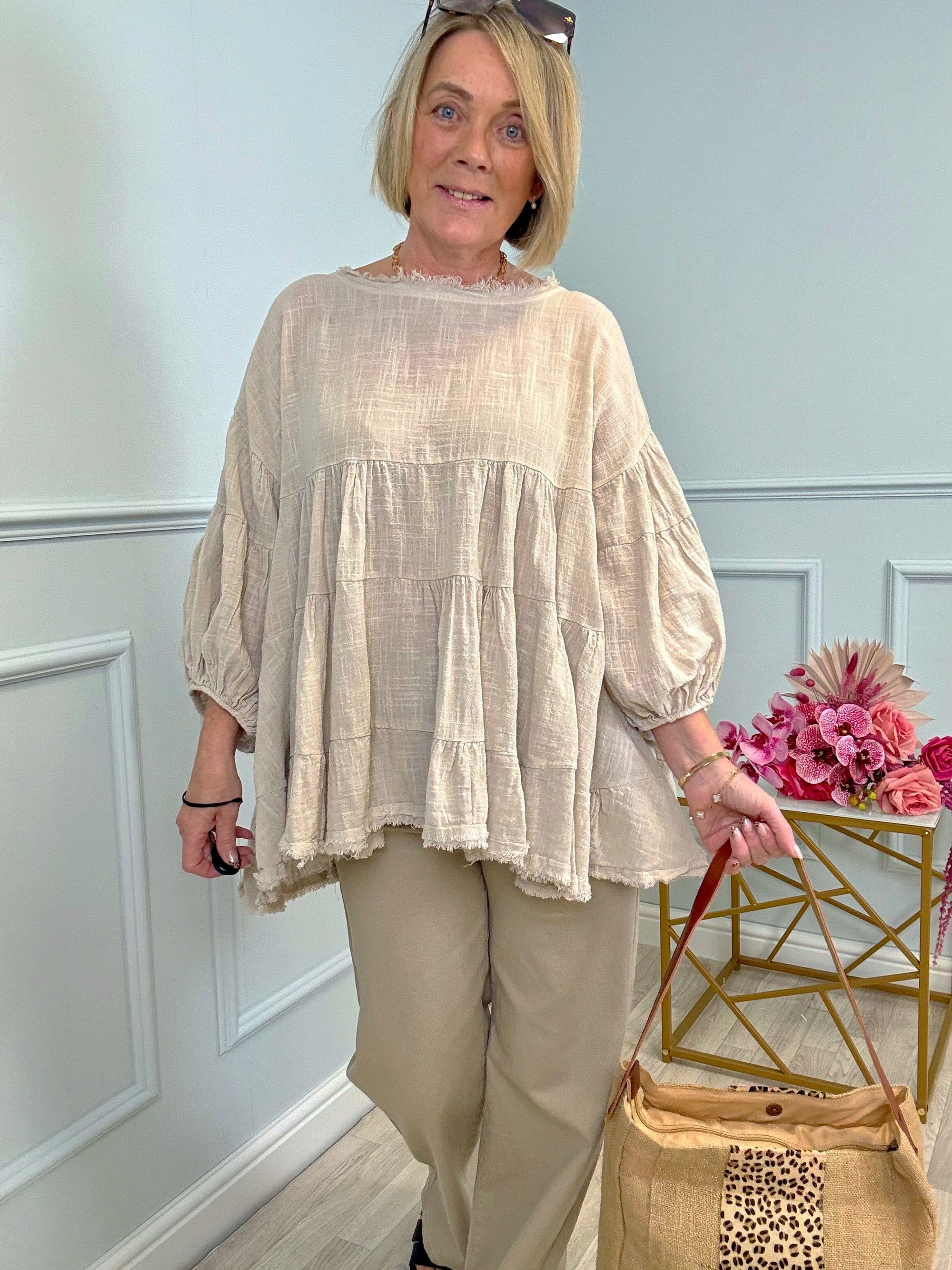 Alessia Frill Hem Boho Smock Top One Size Sand