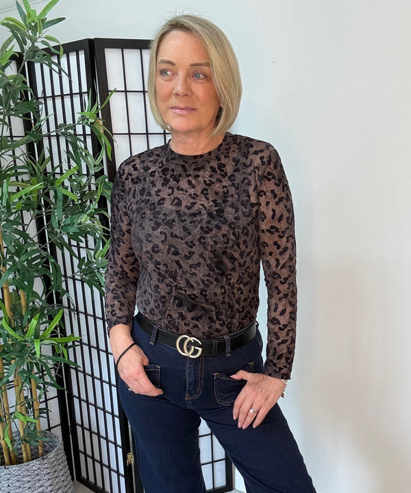 Carissa Flocked Leopard Print Mesh Top 8-18 Chocolate Leopard