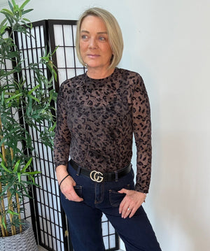 Carissa Flocked Leopard Print Mesh Top 8-18 Chocolate Leopard