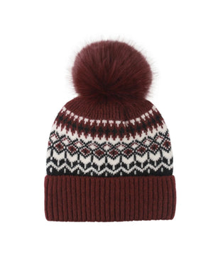 Alpine Fair Isle Pom Pom Hat – Burgundy