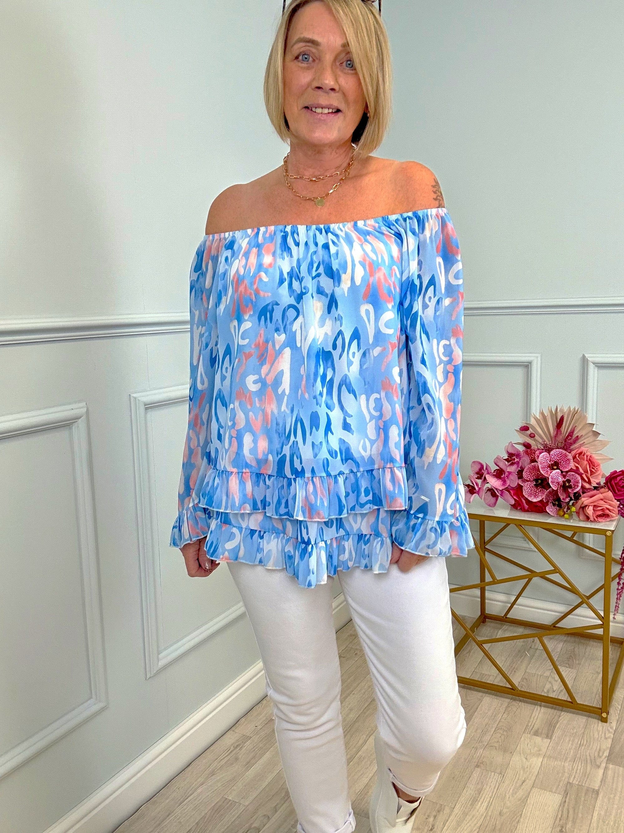 Serena Abstract Animal Print Bardot Frill Hem Chiffon Top Sizes 10-20 Blue