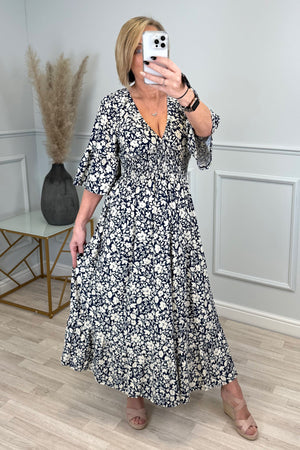 Azalea Flower V-Neck Shirred Waist Midi Dress Navy - Flowy & Elegant Design (Sizes 8-20) - Susie's Boutique