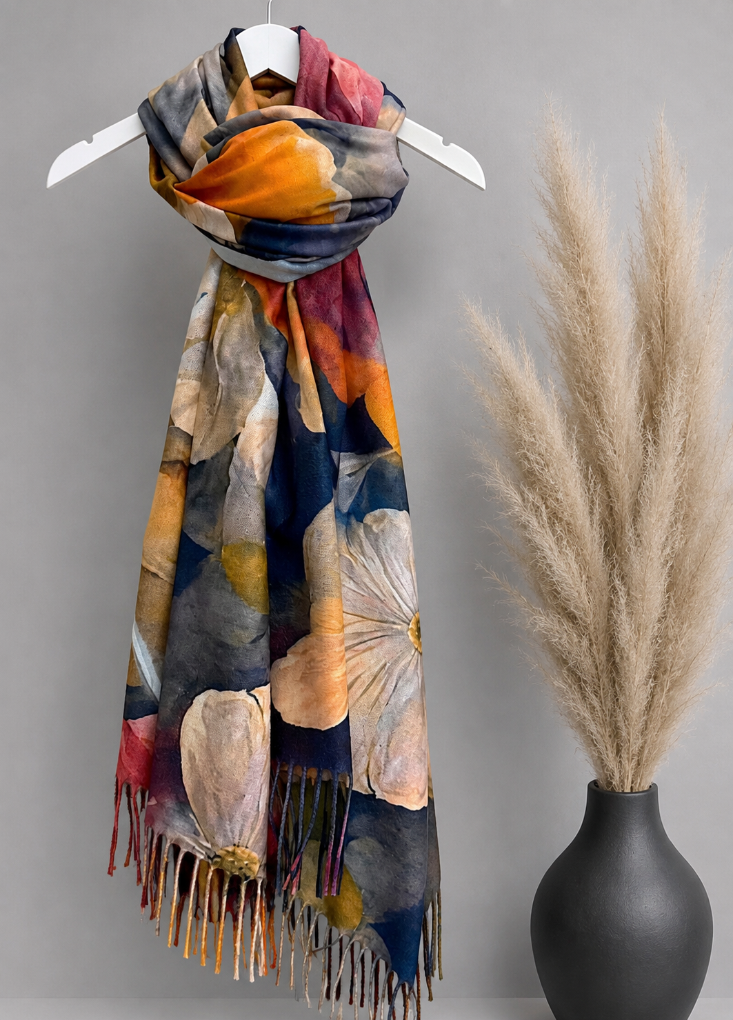 Watercolour Floral Tassel Scarf – Sunset Petals