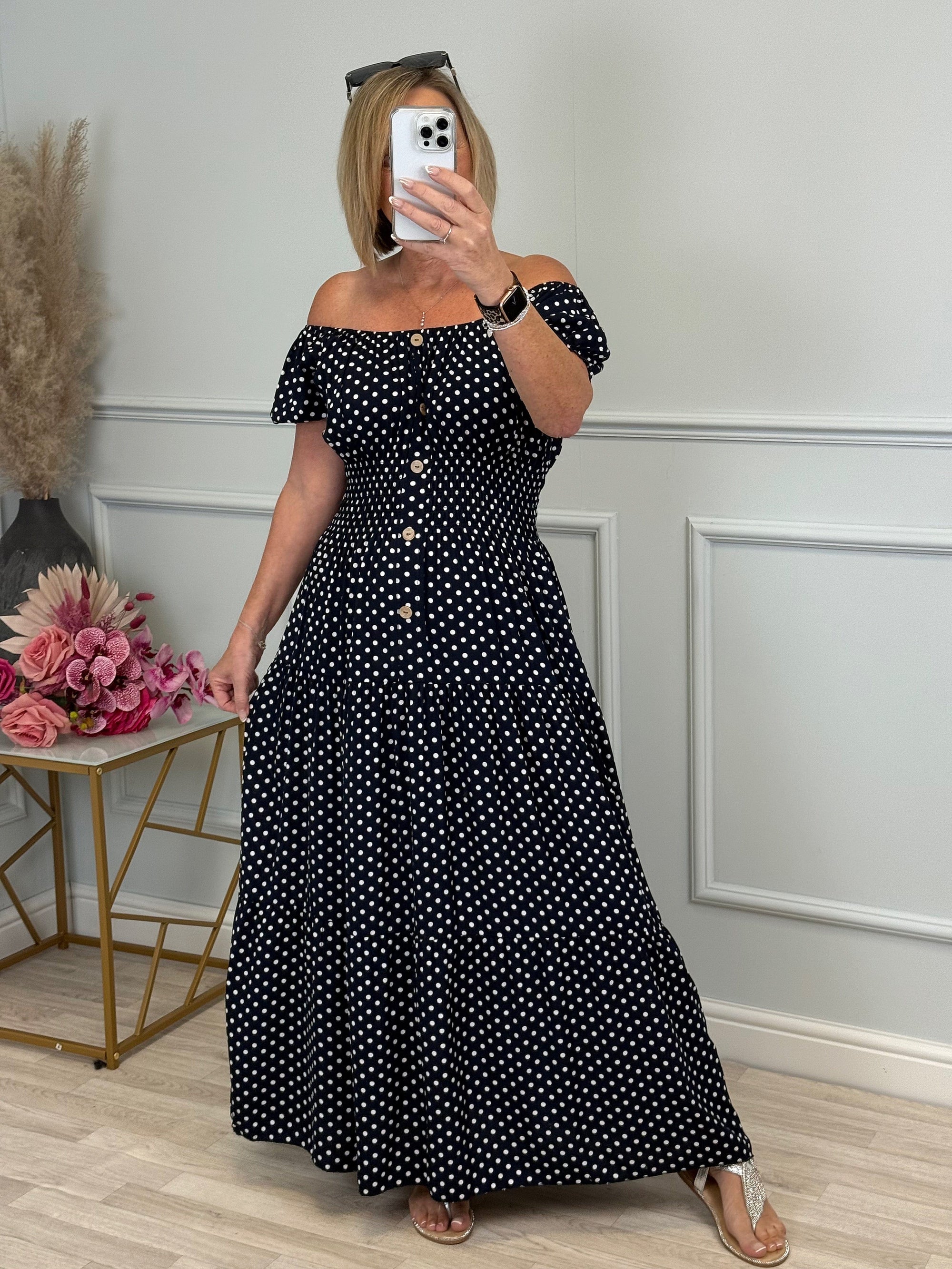 Fleur Polka Dot Magic Maxi Dress with pockets 8-18+ - Susie's Boutique