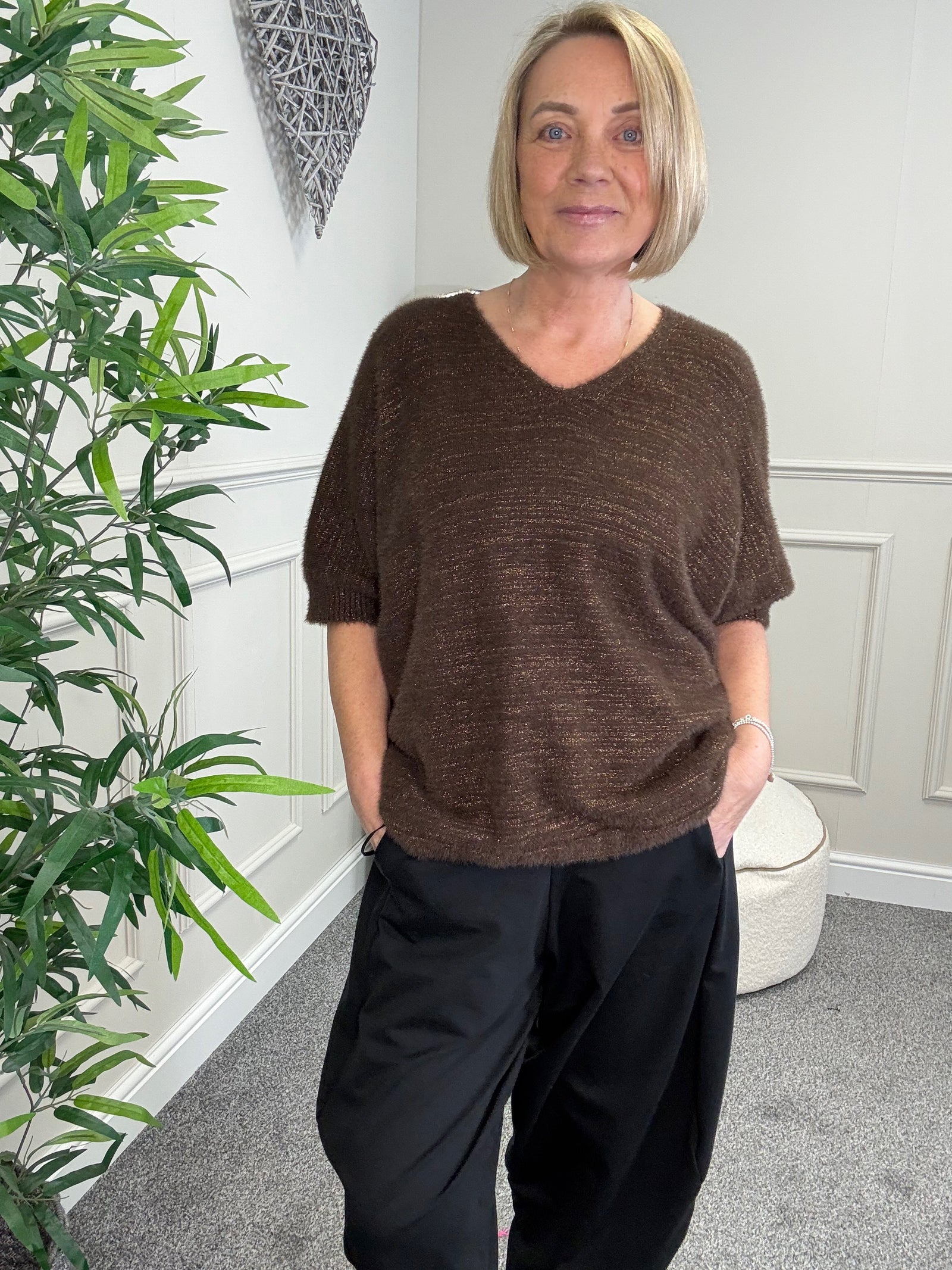 Lucia Soft Knit Lurex V-Neck Jumper 10-18 Chocolate