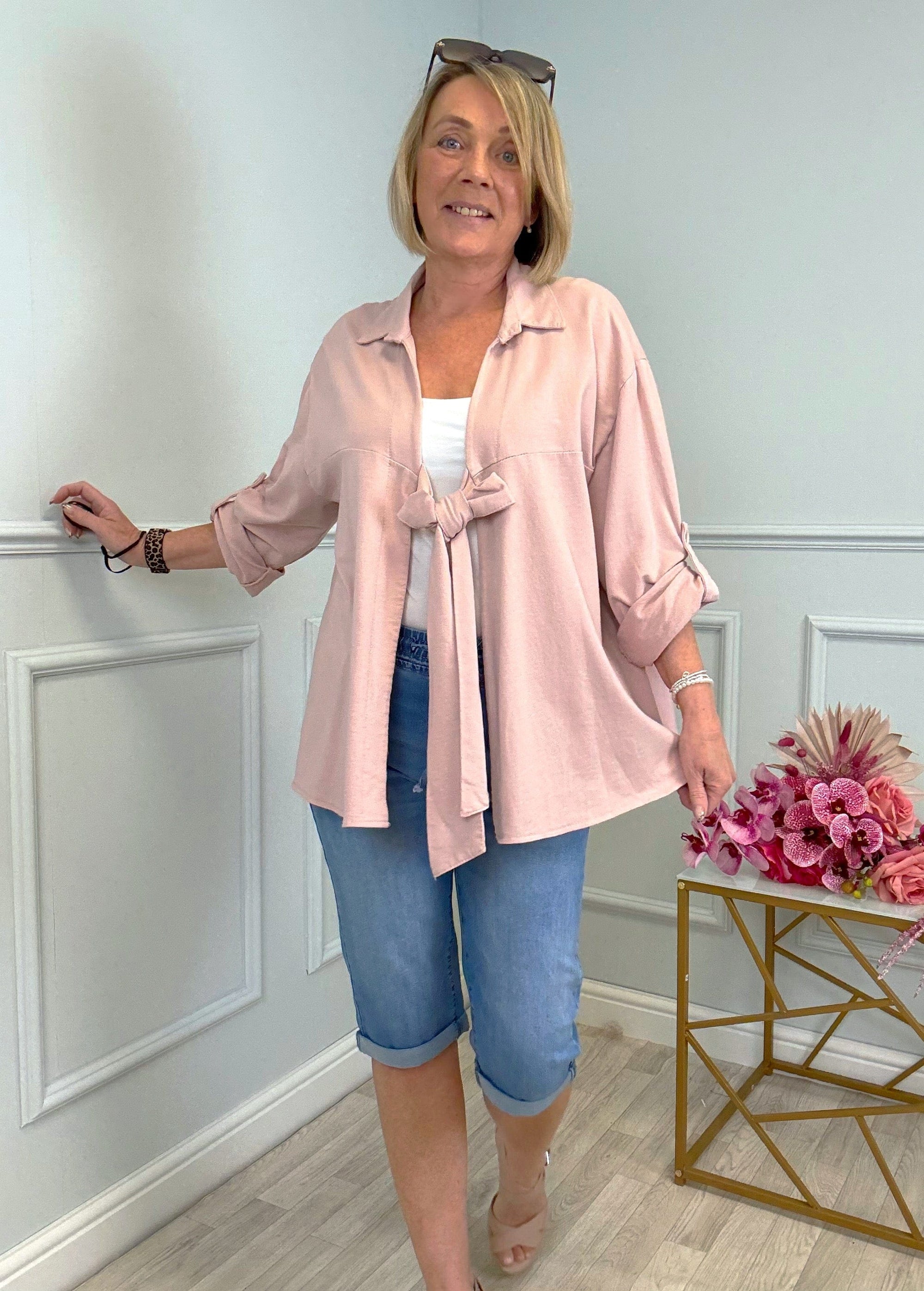 Eliza Tie-Front Lightweight Jacket with Roll-Up Sleeves 10-20 Pink