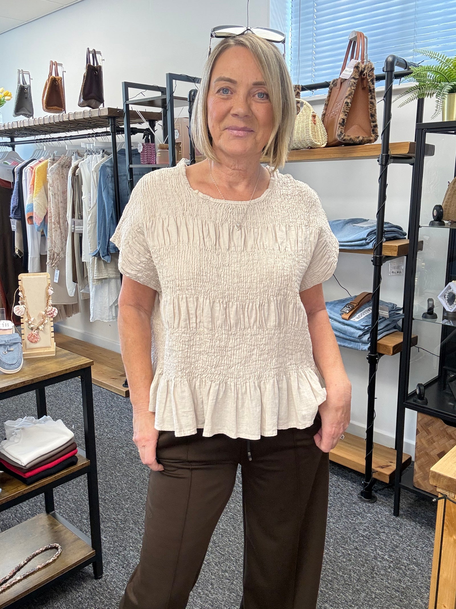 Freya Crinkle Frill Hem Linen Top – Sand 12-20
