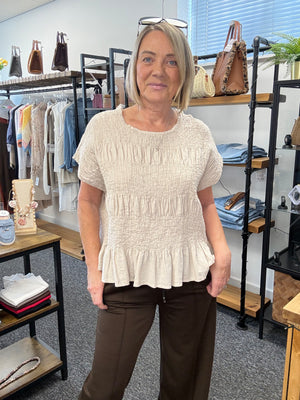 Freya Crinkle Frill Hem Linen Top – Sand 12-20