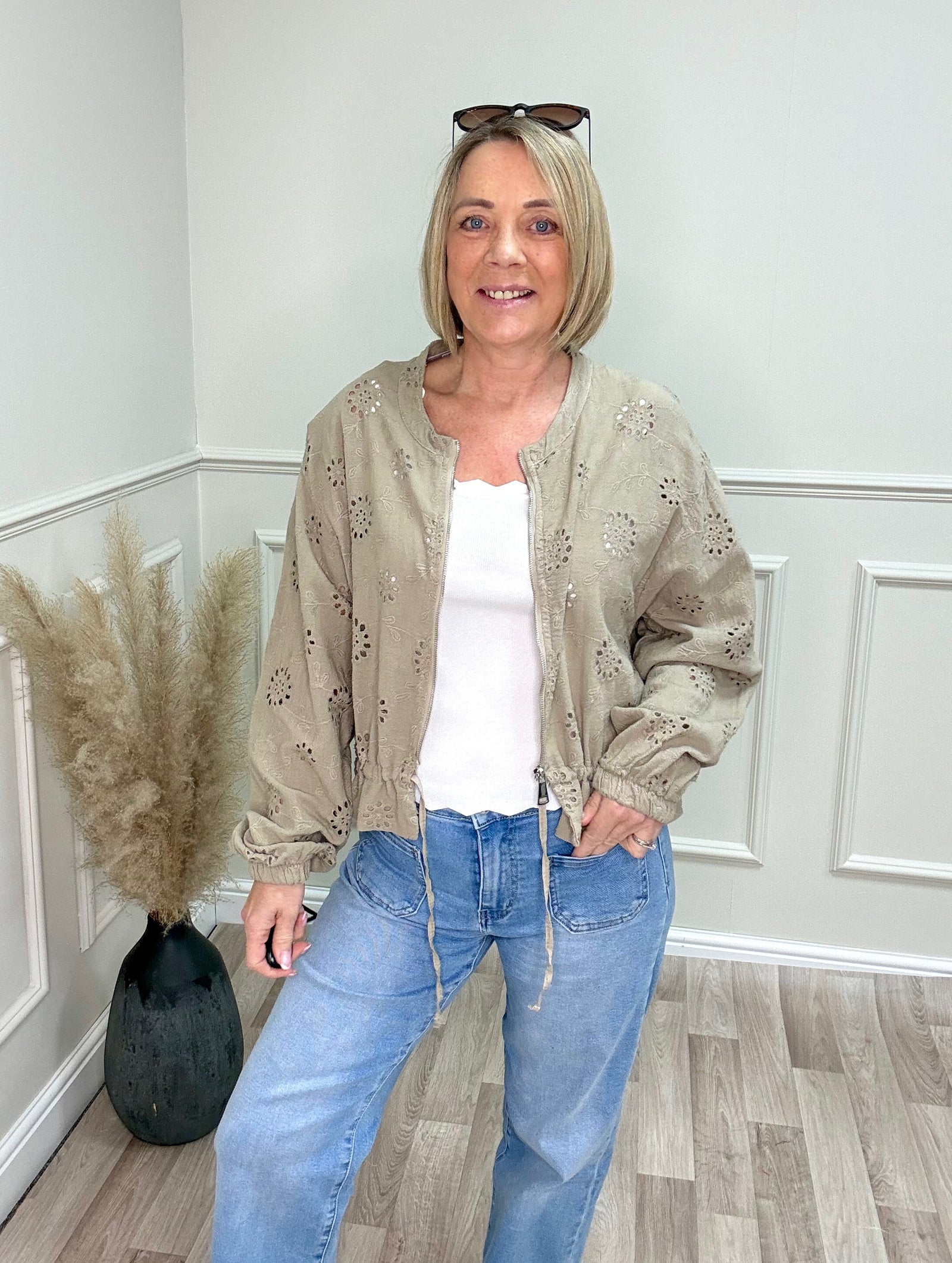 Nyla Broderie Cotton Bomber Jacket 8-16 Mocha