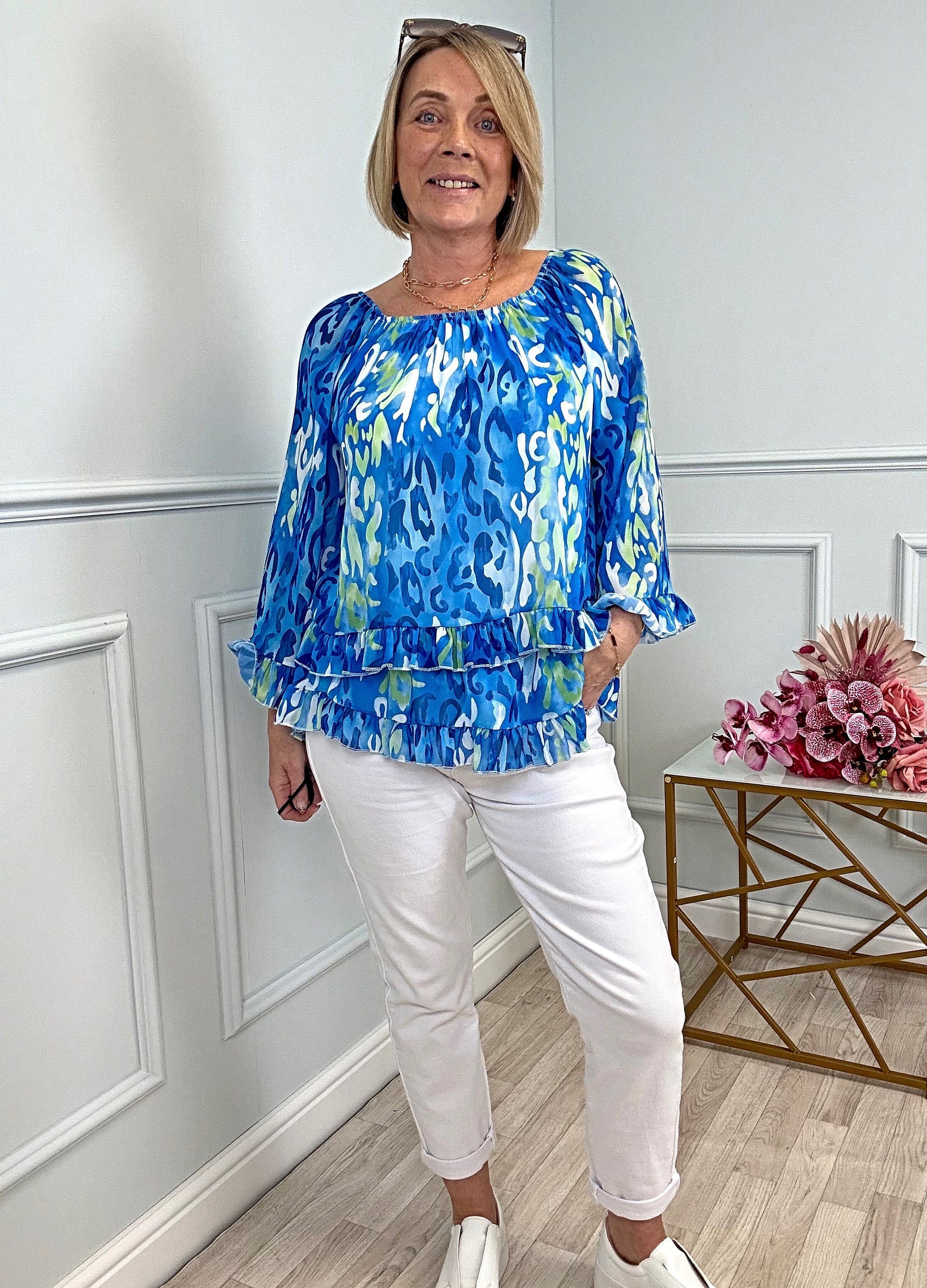 Serena Abstract Animal Print Bardot Frill Hem Chiffon Top Sizes 10-20 Cobalt