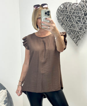 Grace Frill Sleeve Button Back Top 8-16 Chocolate - Susie's Boutique
