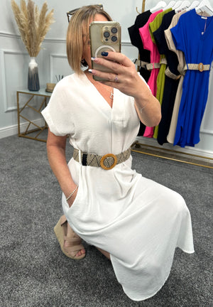 Harlowe V-Neck Belted Dress 8-18 White - Susie's Boutique
