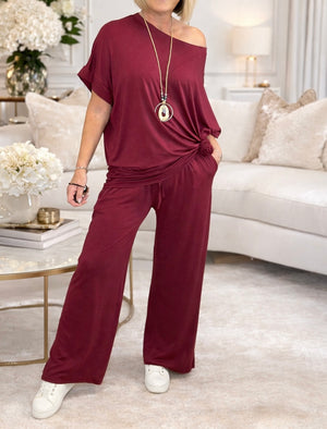 Esra Wide-Leg Jersey Co-Ord Set – Sizes 10–18 Wine