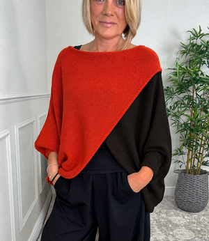 Orla Two Tone Crossover Knitted Jumper – Autumn Spice & Chocolate