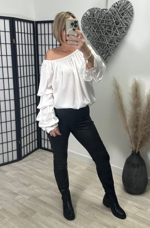 Elsa Ruched Sleeve Top 10-20 White - Susie's Boutique